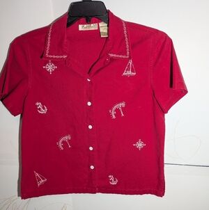 VINTAGE Bobbie Brooks Red Short-Sleeve Nautical Embroidered Button-Down Shirt